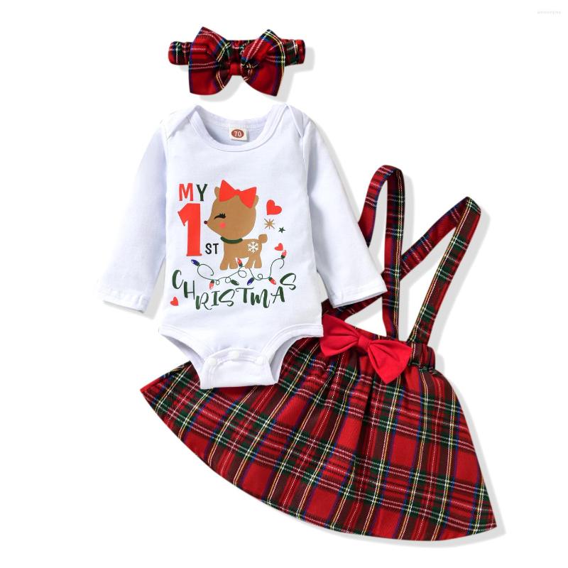 

Clothing Sets Infant Born Baby Girl 3Pcs Set Christmas Outfits Long Sleeve 1st Elk Top Romper Plaid Overall Skirts Headband 0-12M, Picture shown