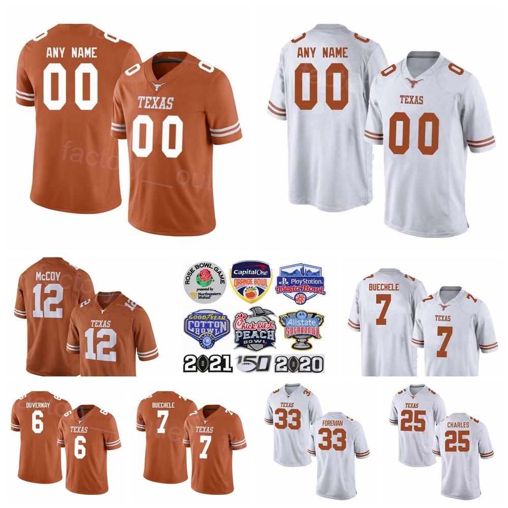 

NCAA College Texas Longhorns Jersey Football University 25 Jamaal Charles 12 Colt McCoy 6 Devin Duvernay 7 Shane Buechele 33 DOnta Foreman Sport Custom Name Number, White