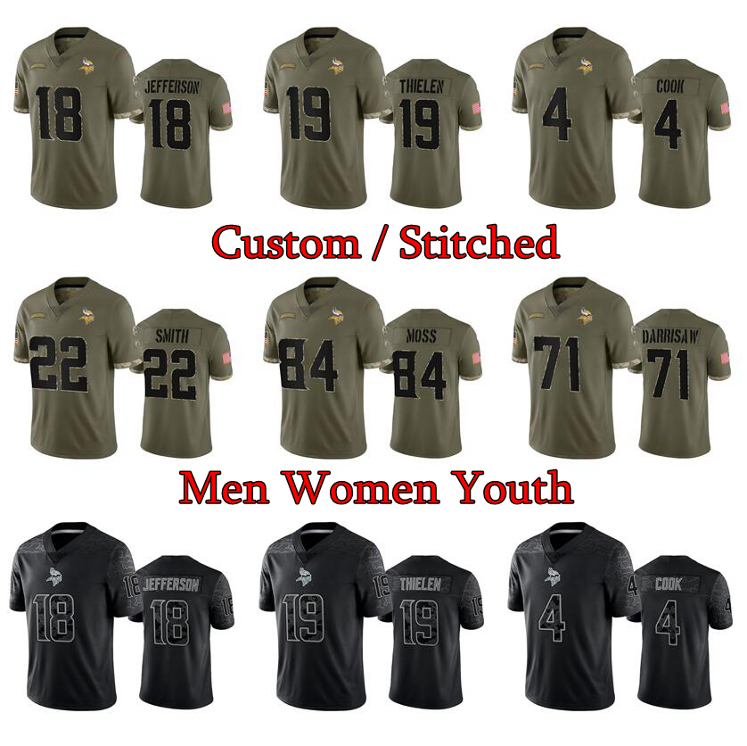 

18 Justin Jefferson Jersey Minnesota''Vikings''Adam Thielen Lewis Cine Kirk Cousins Randy Moss Dalvin 2022 Salute To Service Limited rugby football''nfl jerseys, Stitched