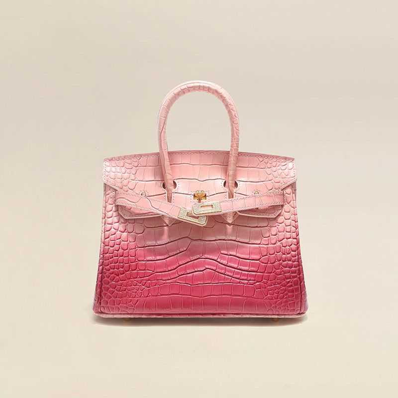 

Color Blocking Diamond Inlaid Hardware Bag Crocodile Belly Pattern Leather Women s Fashion Temperament Portable Shoulder, Powder
