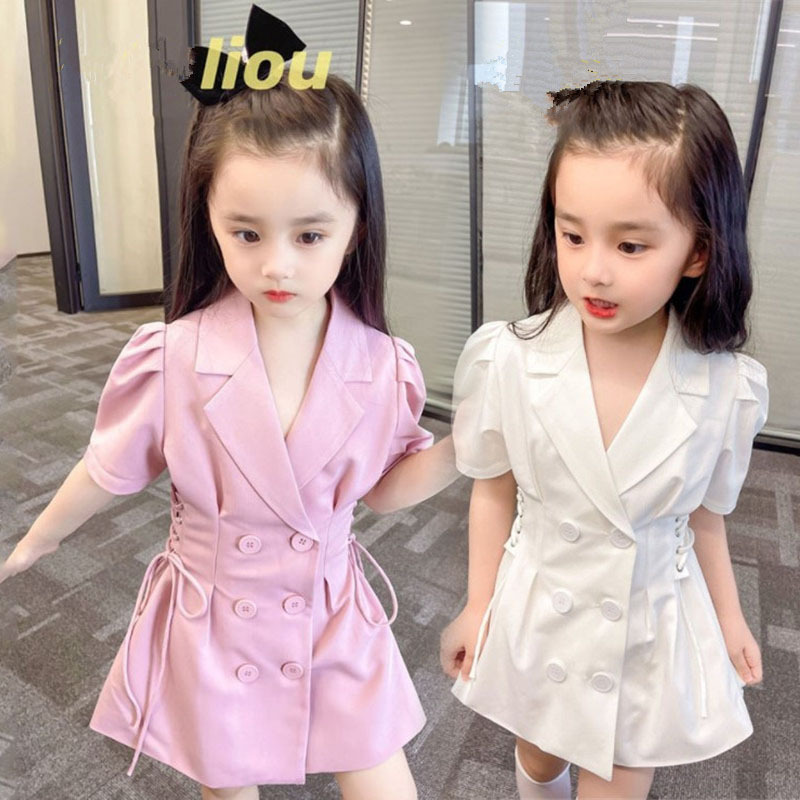 

Summer girl Lapel dress Waist Drawstring Double-Breasted Solid Color Fashion Baby Kids Puff Sleeve Dress, As picture