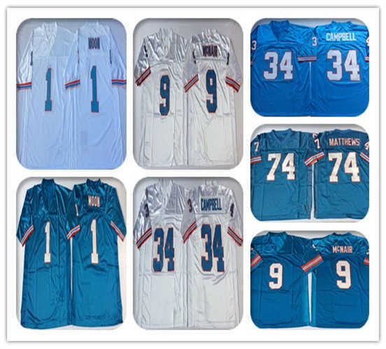 

American College Football Wear Men's NCAA Oilers 9 Steve McNair Blue White Vintage Football 34 Earl Campbell 74 Bruce Matthews 1 Warren Moon Stitched Retro Jerseys Ch, Red