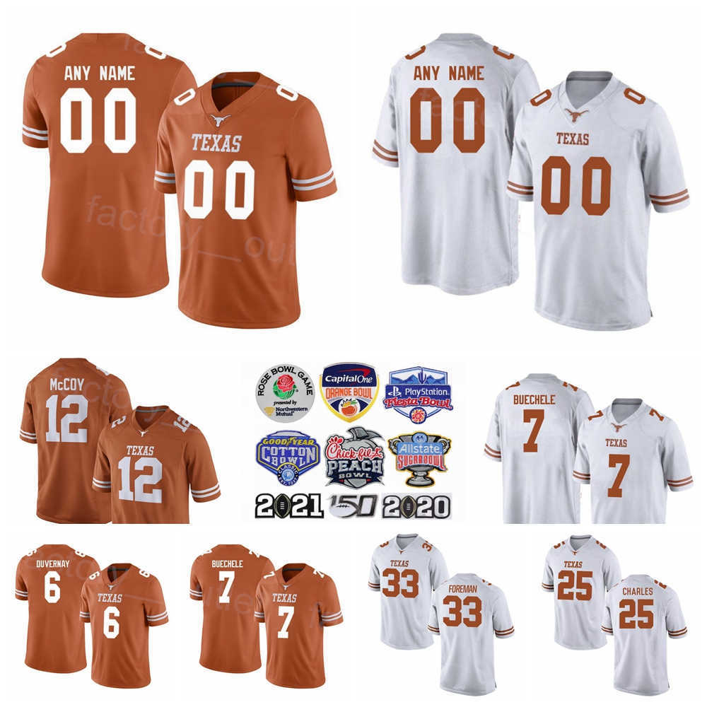 

NCAA College Texas Longhorns Jersey Football University 25 Jamaal Charles 12 Colt McCoy 6 Devin Duvernay 7 Shane Buechele 33 DOnta Foreman Sport Custom Name Number, White