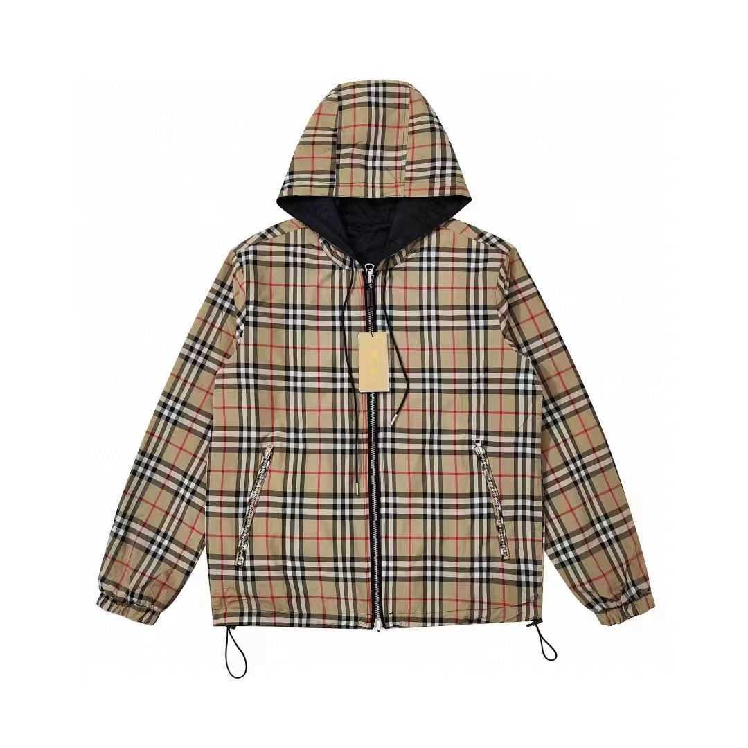 

burbrerys mens jackets coats 2022 European autumn fashion brand Plaid stripe doublesided windbreaker waterproof hooded loose jacket for men and women, Black