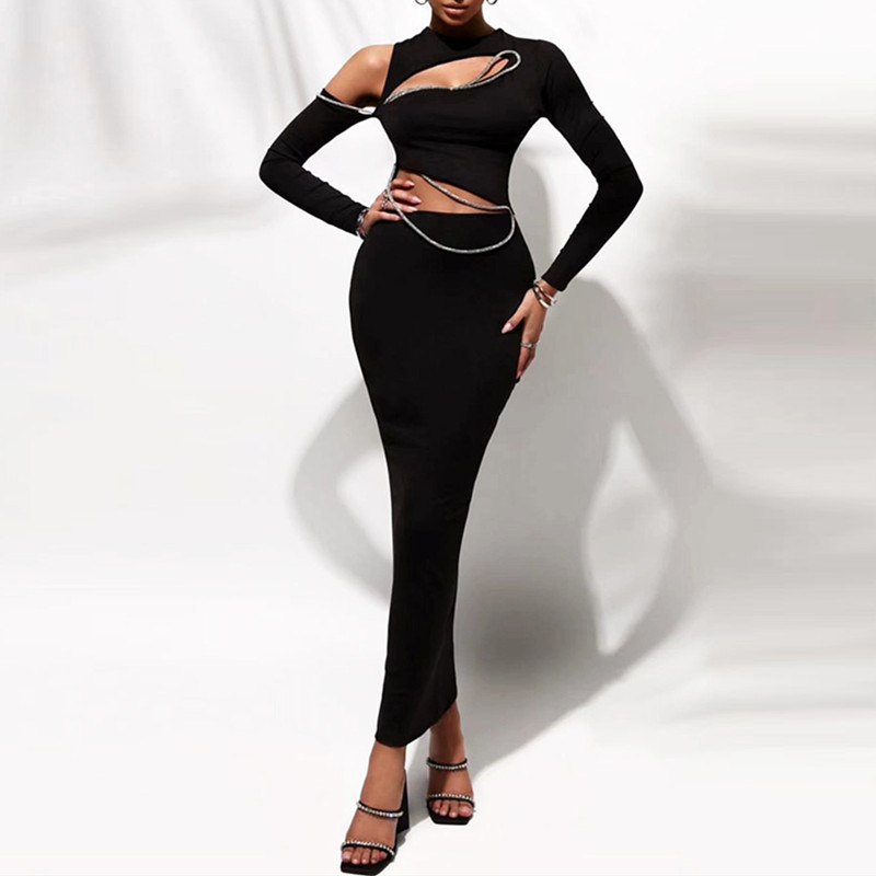 Col montant femmes dame robes chaînes blingbling strass maxi longue robe sexy mince vêtements bandage corps découpes YS3820