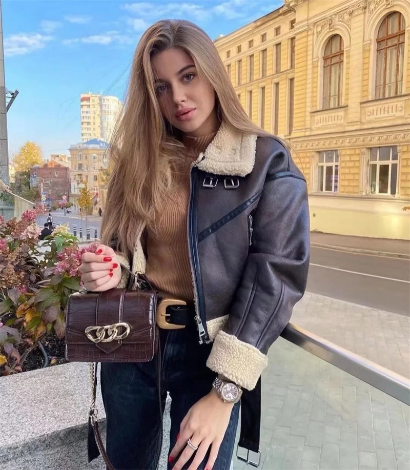 

Woman Fashion Thick Warm Faux Shearling Jacket Coat Vintage Long Sleeve Belt Hem Female Outerwear Chic Tops, As fig