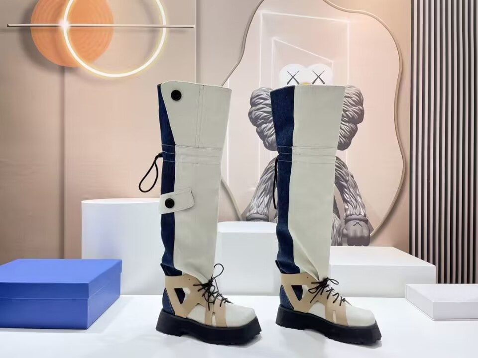 

Knee length boots fashion designer shoes leather canvas flat riding boots luxury catwalk party wedding dress shoe heel 4cm size 35-40, Matching box