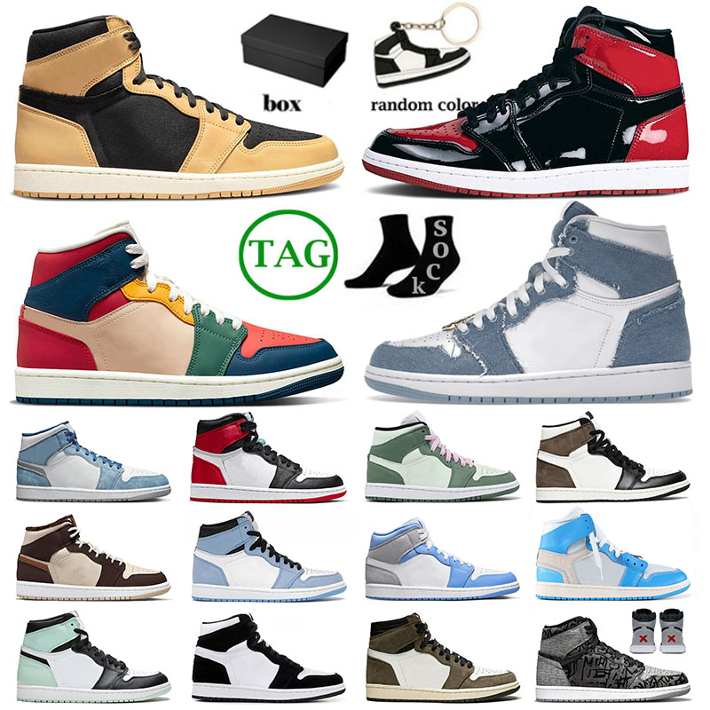 

Box With Jumpman 1 1s Basketball Shoes For Mens Womens Cream Dark Chocolate Patent Bred 1 High OG Cactus Jack Mid Dutch Green Sports jordas, 36-47 royal toe