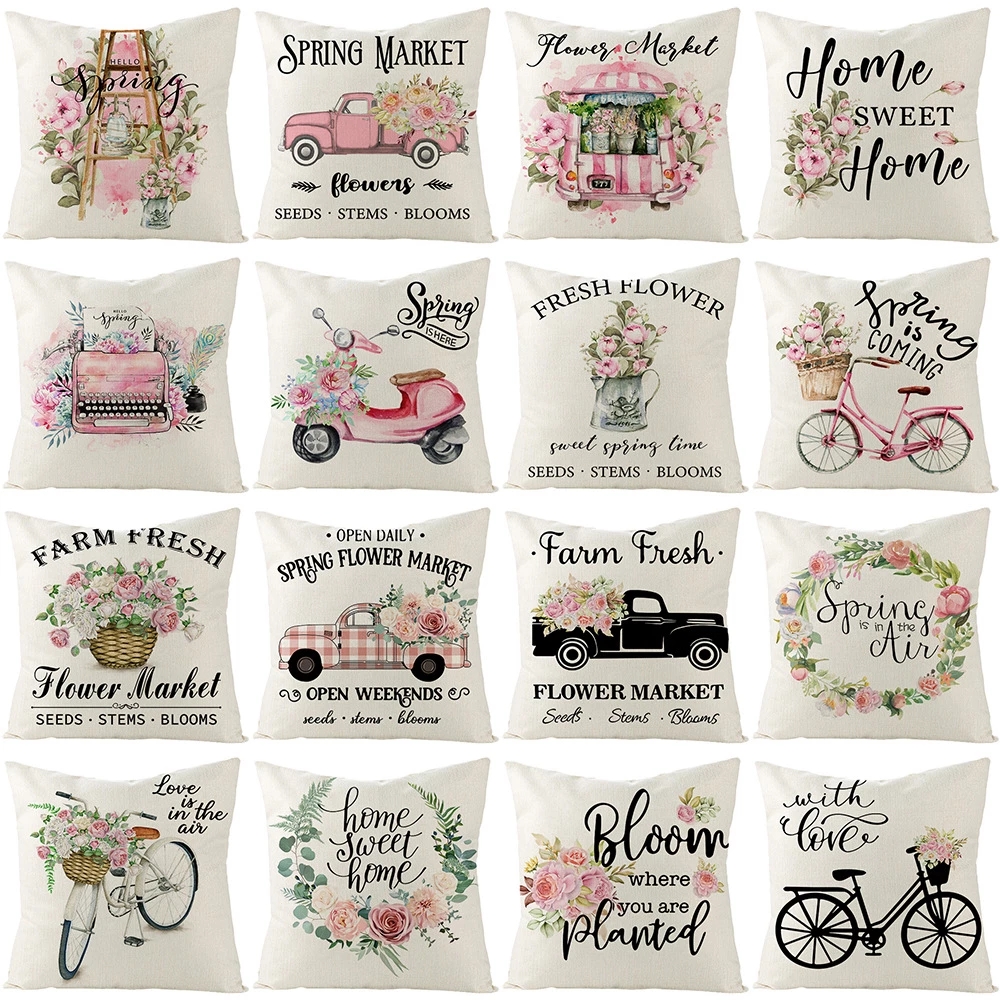 

TextileCushion Nordic Style 45x45cm Square Linen Spring Farmhouse Home Decor Cushion Pink Flower Bicycle Printed Pillow Cover, 16