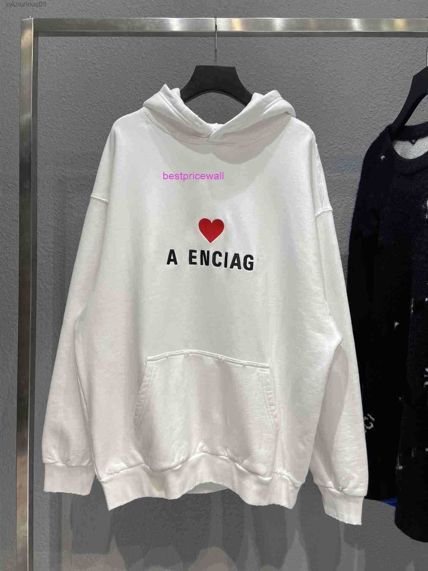 

Hoodie Men Hooded Balencaigass 2021ss Home b Tanabata Limited Love Embroidery Thick Heavy Foot Hand Grinding Process, White