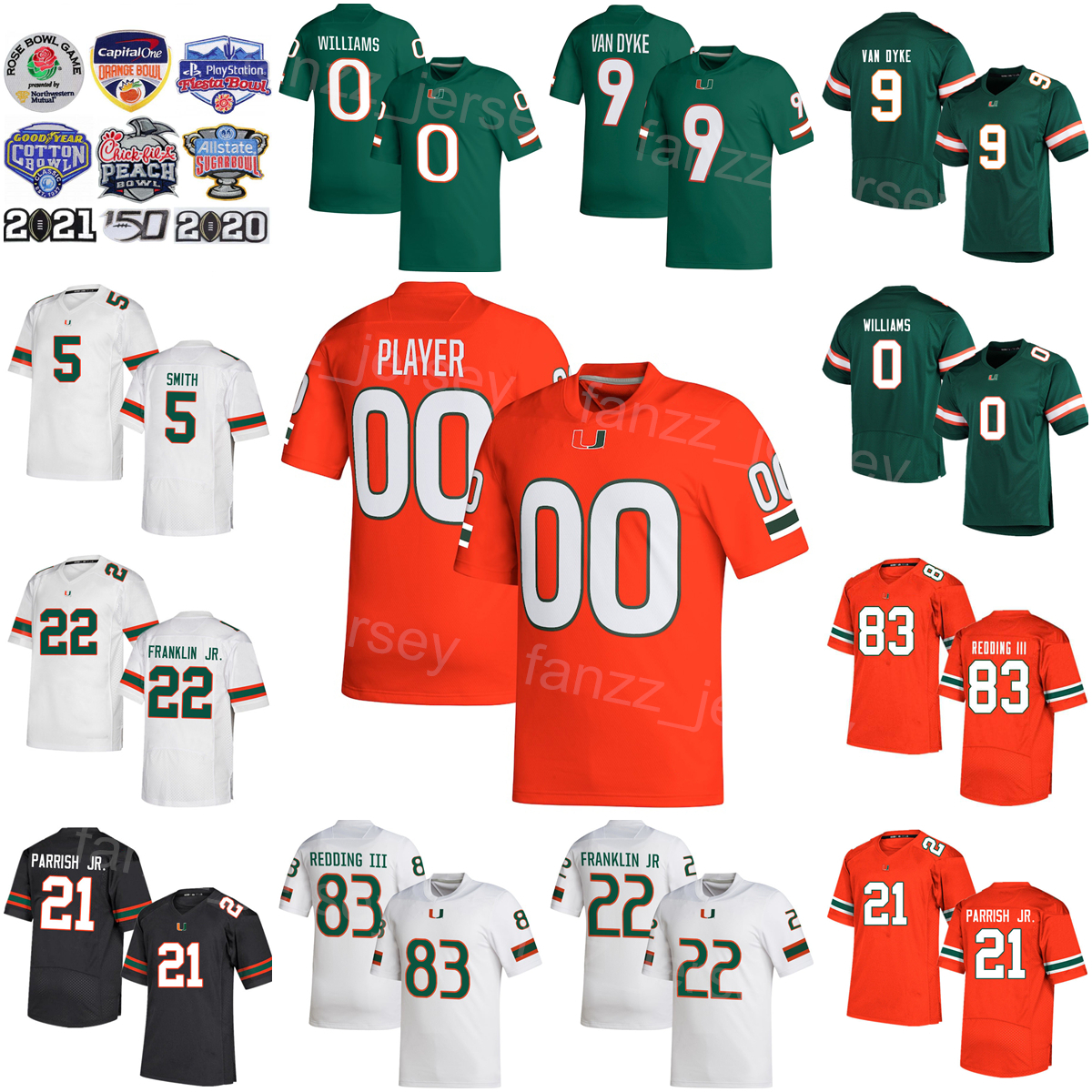 

NCAA Football College Miami Hurricanes 9 Tyler Van Dyke Jersey 21 Henry Parrish Jr 22 Thaddius Franklin Jr 83 Michael Redding III 5 KeyShawn Smith 0 James Williams Top, Green