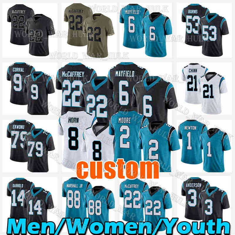 

6 Baker Mayfield Football Jersey DJ Moore Christian McCaffrey Carolinas Jaycee Horn Panther Shaq Thompson Brian Burns Jeremy Chinn Ikem Ekwonu Frankie Luvu Darnold, Women custom 2022 new(h b)