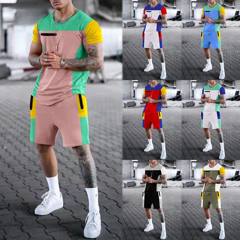 

Men's Tracksuits Summer Men's Sports Fitness Short-sleeved T-shirt Round Neck Casual Color Matching Five-point Shorts Through Foreign
