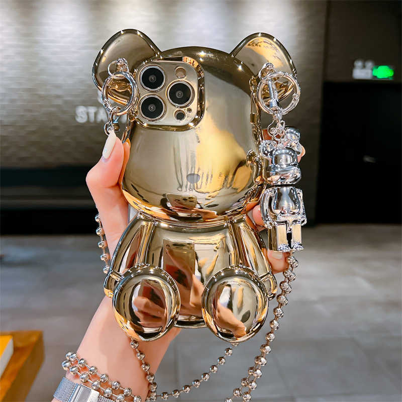 

Cell Phone Cases for iPhone 14 Pro Max Case Luxury Electroplated 3D Bear Crossbody Shoulder Chain Strap Cover 13 12 11 14 Plus W221017, Gold bear