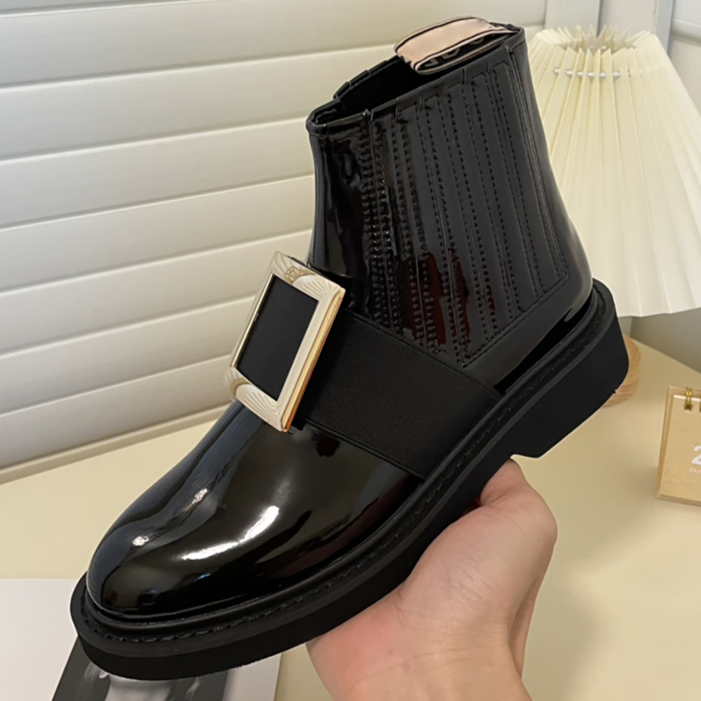 

2022 Bottegas Tire Chelsea Platform Boots Designer Outdoor Shoes Square buckle decorated with gold and diamond inlaid patent leather striped Martin boots box., #28