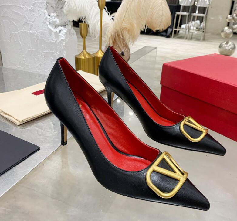 

Brand High Heel Shoes Sandals Metal Buckle Luxury Pointed Toe Pumps 6cm 8cm 10cm Thin Heels Super Black Blue White Red Wedding Shoes Size -44 Box and Dust Ba, All black