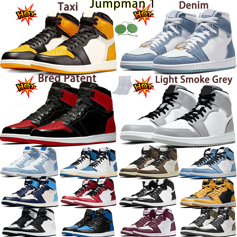 

New Retro Jumpman Basketball Shoes 1 1s Light Smoke Grey Taxi Denim Bred Patent Hyper Royal UNC Pollen Heritage Dark Mocha Fragment Sports Sneakers With Tag Socks