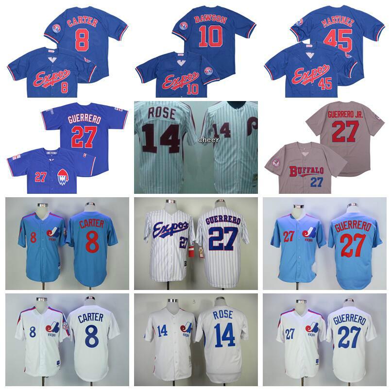 

College wear Montreal Expos J000 Vintage Baseball 8 Gary Carter Jersey 10 Andre Dawson 14 Pete Rose 27 Vladimir Guerrero Buffalo Bisons Pedr, 8 blue