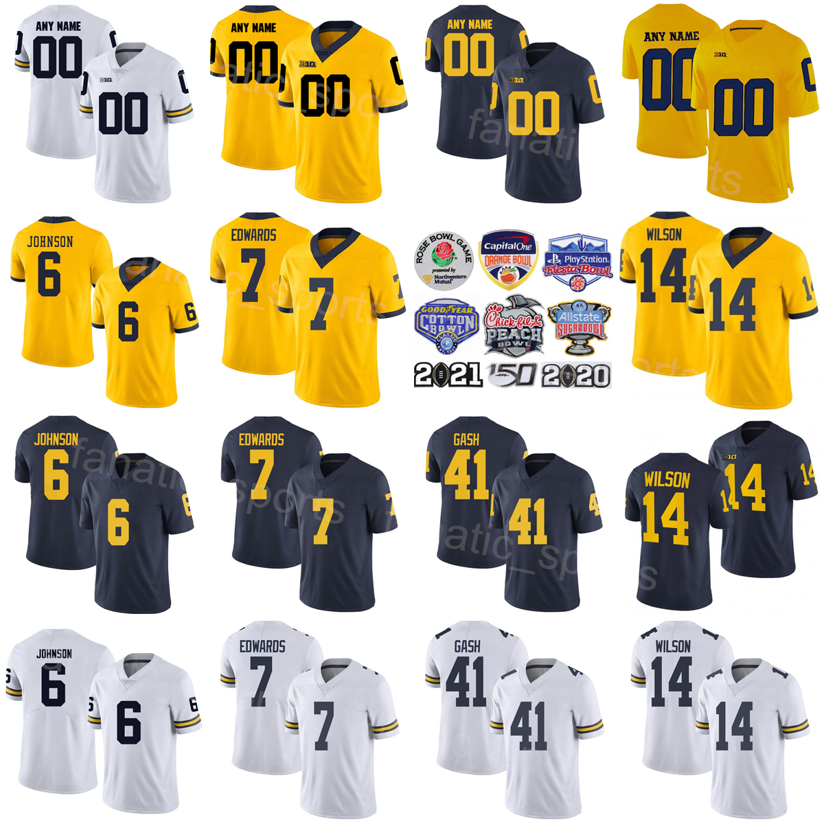 

NCAA Football Michigan Wolverines College 14 Roman Wilson Jersey 6 Cornelius Johnson 25 Junior Colson 23 CJ Stokes 7 Donovan Edwards Isaiah Gash Custom Name Number, Yellow