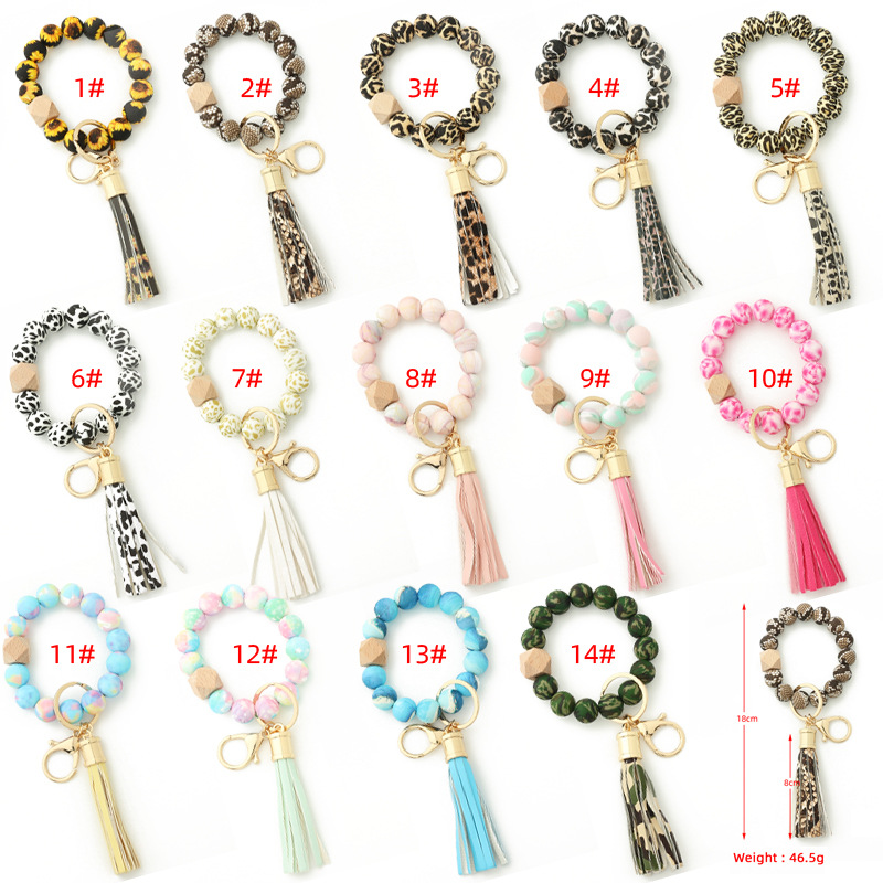 

Custom Silicone Beads Elastic Bangle Bracelet Keychain Leather Tassel SiliconeBeadsBracelet Wristlet Keychain WLL1744