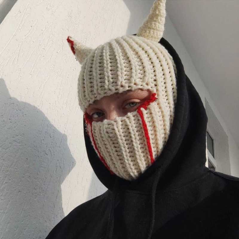 

Cycling Caps Masks Halloween Funny Horns Knitted Hat Beanies Warm Full Face Cover Ski Mask Hat Windproof Balaclava Hat for Outdoor Sport L221014, I-1