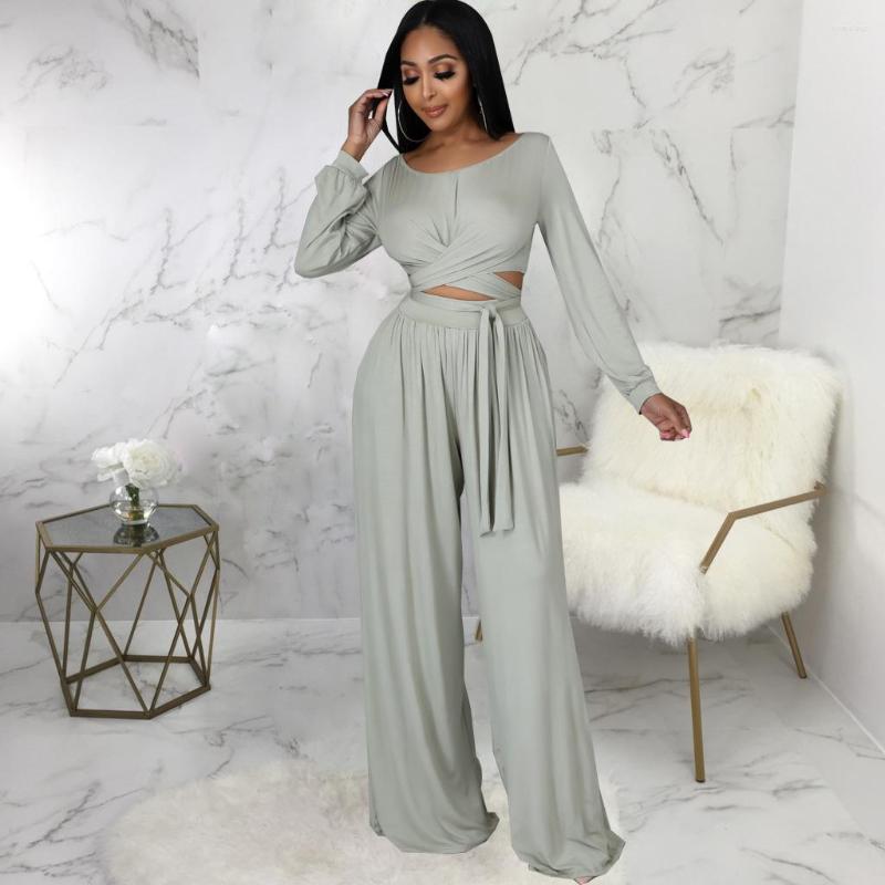 

Women' Two Piece Pants Women Casual Wide Leg Sets 2022 Spring Ladies Long Sleeves Short Tops&Long Elegant O-Neck Solid Color Leisure, White