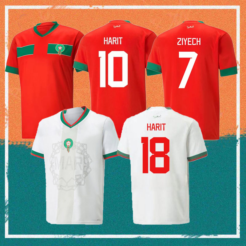 

2022 Morocco soccer jerseys 22/23 Maillot de foot ZIYECH BOUTAIB Camiseta de futbol BOUSSOUFA EL AHMADI national team football shirt, Away patch