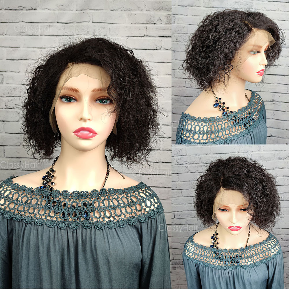 

Short Curly Pixie Cut 13X4 Front Lace Wig 150% Density with Babyhair 100% Human Hair Water Wave Wigs, Natural color
