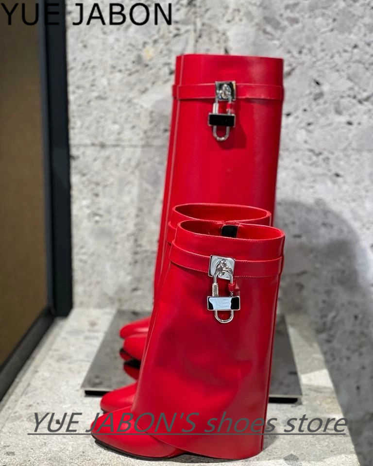 

Shark Lock Women Boots Top Design Genuine Leather Knee High Boots Ladies Pointed Toe Fold High Heel Wedge Shoes Botas Mujer 2022 221016, As picture