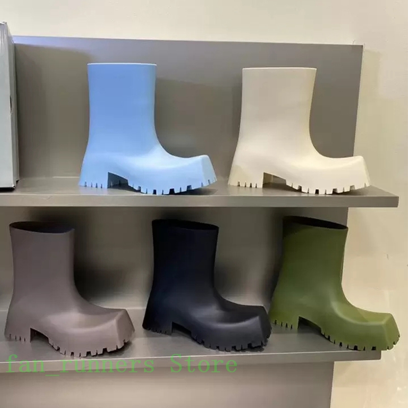 

Womans Paris Rain Boots Rubber Boot Luxury Square Toes Chunky Design Coarse Tooth Outsole Black Beige Trooper Waterproof Arch Matte 35-40