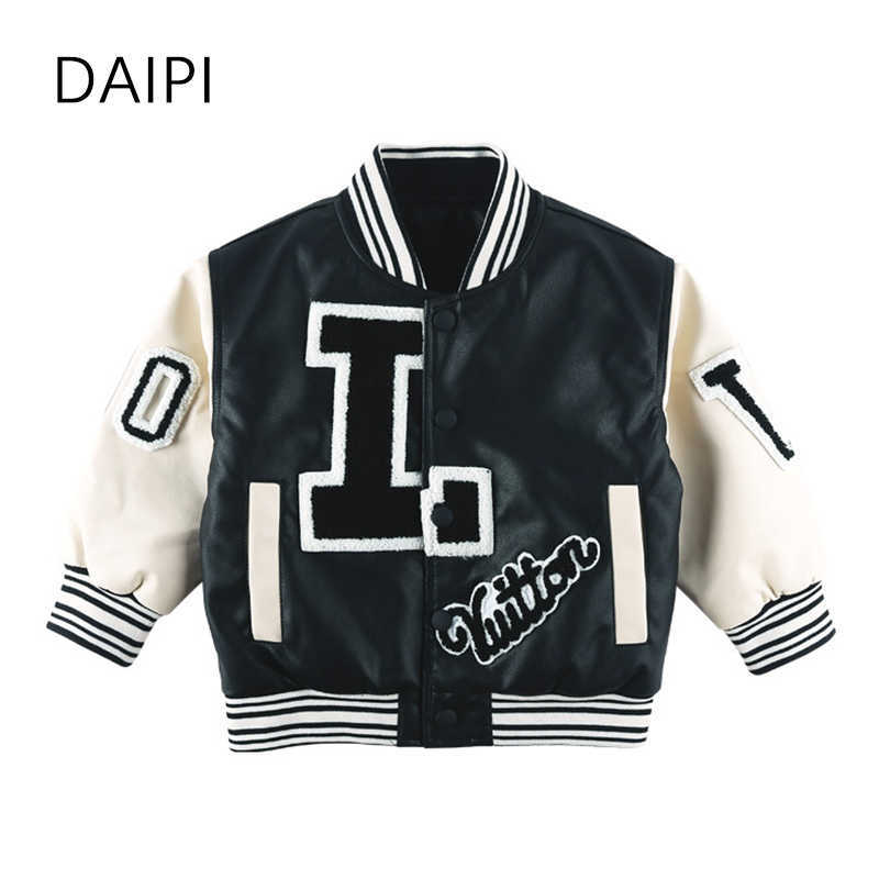 

Jackets Leather Children's Letter for Girls Cotton Coat 2022 Black Baseball Boy Clothing Y2210, Black thin