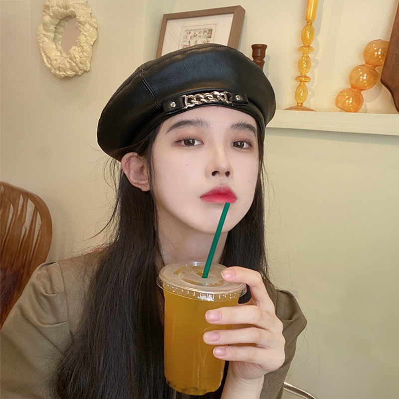 

Korean Leather Black Beret Female Fashion Ins Net Red Spring and Autumn Style Small Fragrance Retro Winter Painter Hat Cool