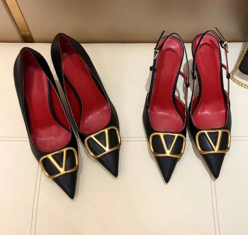 

New Pointed Toe Sandals Genuine Leather Shallow Mouth Metal Buckle Single Shoe Nude Color High Heels 6cm 8cm 10cm Flat Shoes with Box and Dust Bag Size 34-44, Red