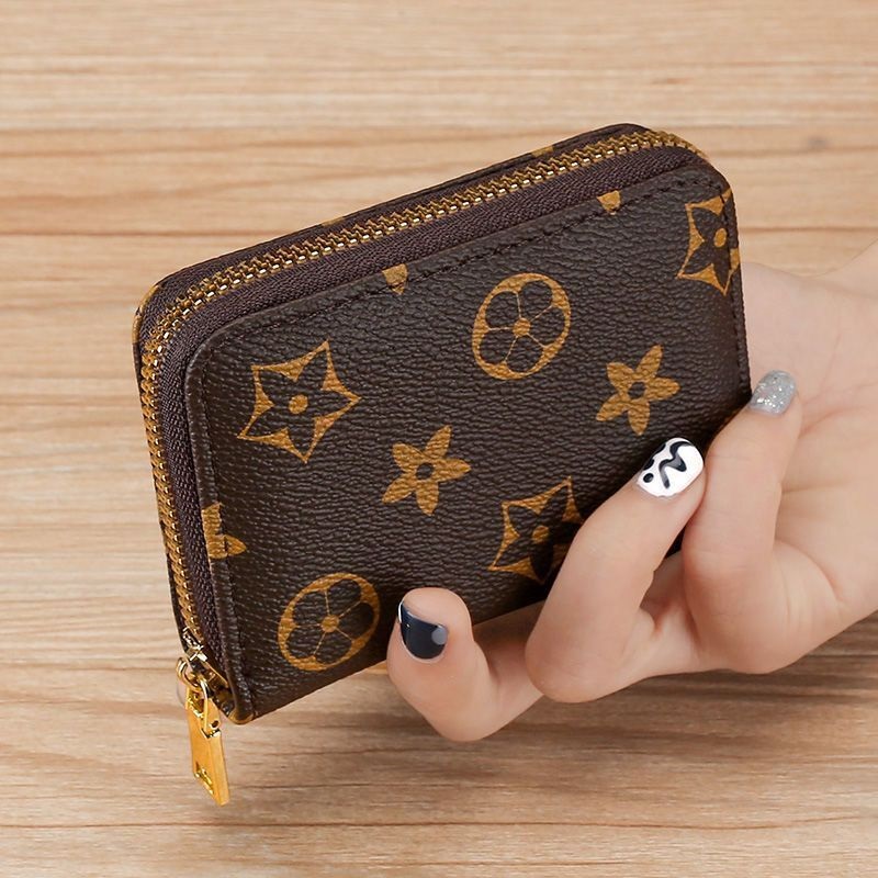

High quality Single Holders purse zipper the fashion most free way to carry around money cards and coins men leather card small business women Lambskin Wallets, Brown grid