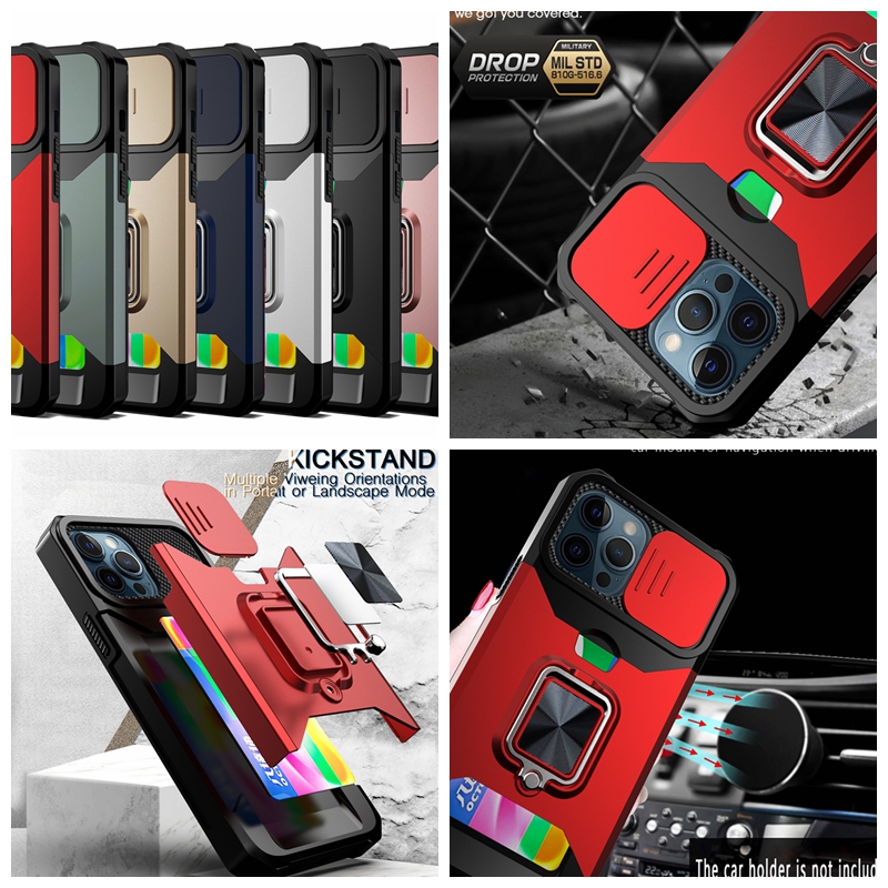 

Card Slot Pocket Slide CamShield Lens Cases For Iphone 14 MAX Plus 13 12 11 Pro XS XR X Car Holder Magnet Suction Hard PC TPU Hybrid Layer Shockproof Finger Ring Cover, Moq: 10pcs/color/phone model