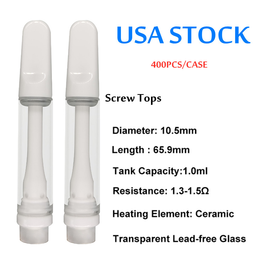 

Full Ceramic Atomizers carts 1.0ml Vape Cartridge USA STOCK Atomizer 4pc Oil Hole Screw Tops for Thick Oil Lead Free Vapes Pen 510 Cartriges White Empty 800pcs/lot