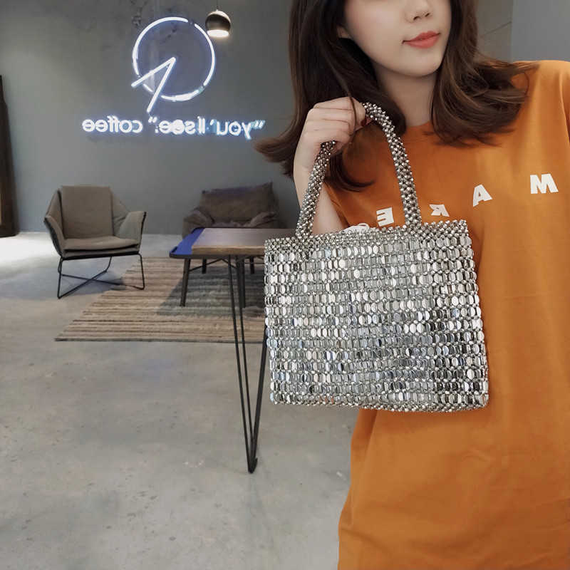 

Shoulder Bags Handwoven Beaded Women's Fashion Retro Metal Shiny Female Handbag Designer Sequin Pearl Drawstring Shopping 221017, Photo color