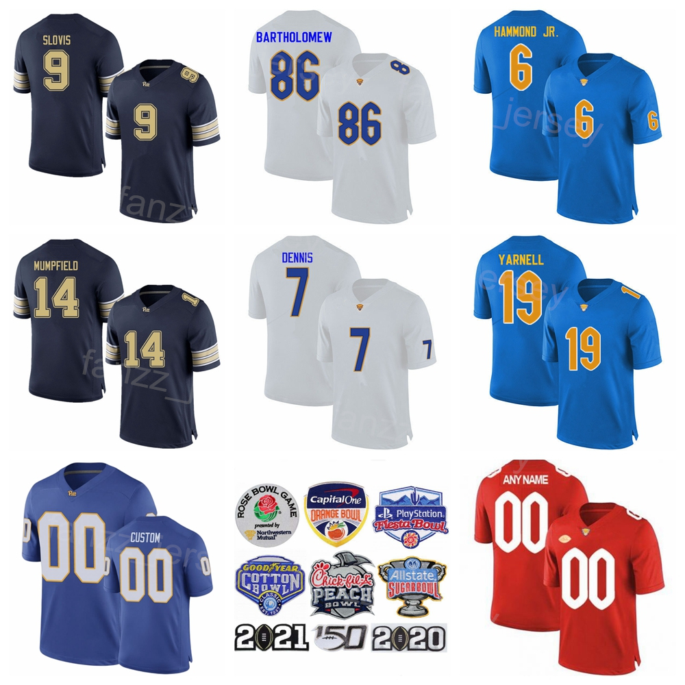 

NCAA Football Pittsburgh Panthers College 19 Nate Yarnell Jersey 6 Rodney Hammond Jr 14 Konata Mumpfield 86 Gavin Bartholomew 7 SirVocea Dennis 9 Kedon Slovis Sport, Blue