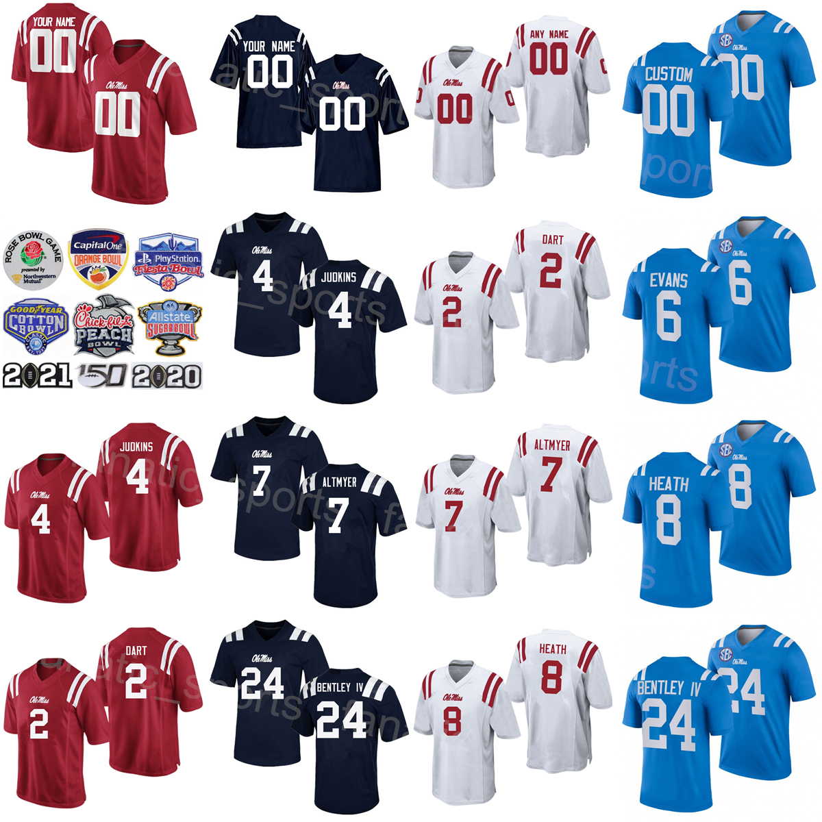 

NCAA Football College Ole Miss Rebels 7 Luke Altmyer Jersey 6 Zach Evans 24 Ulysses Bentley IV 8 Malik Heath 4 Quinshon Judkins 2 Jaxson Dart University For Sport Fans, Blue