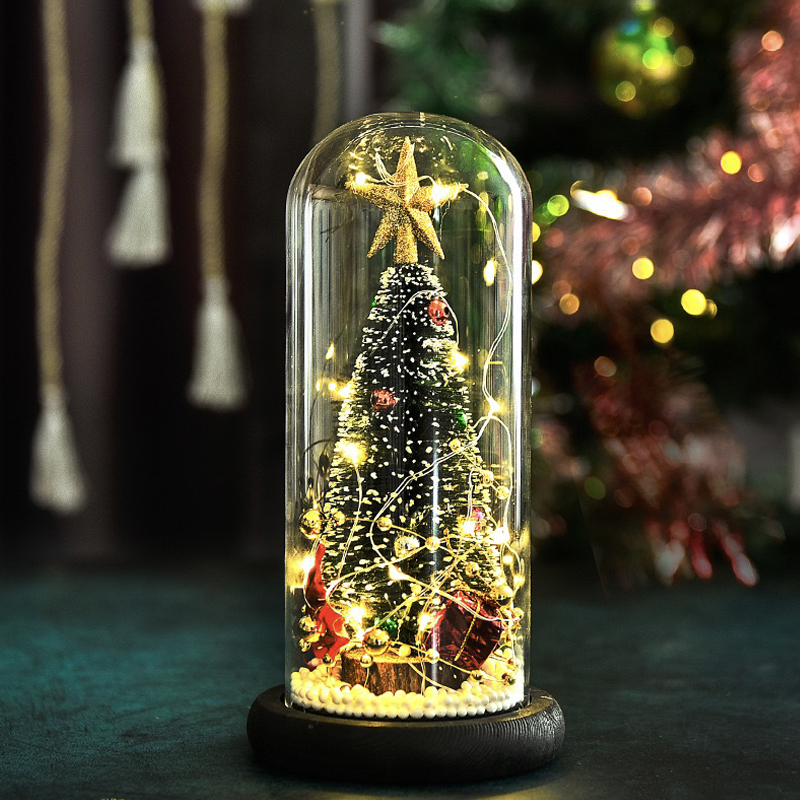 

Christmas Decorations Christmas Tree in Glass Dome Ornament Tabletop Led Christmas Tree with Wood Base Xmas Decor with String Light Year's Gift 221014