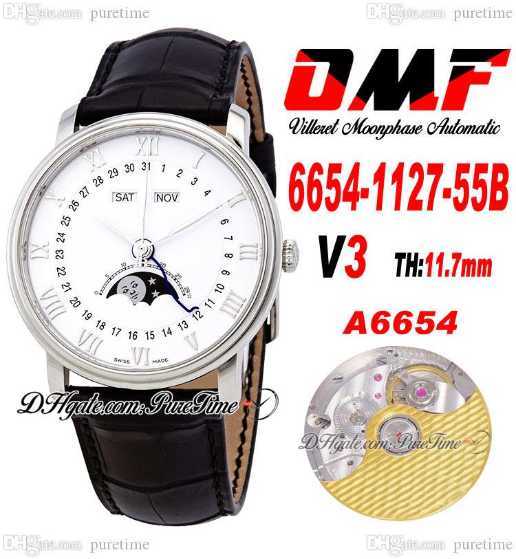 

OMF Villeret Complicated Function A6554 Automatic Mens Watch V3 40mm 6654-1127-55B Steel Case White Dial Silver Roman Markers Black Leather Super Edition Puretime B2