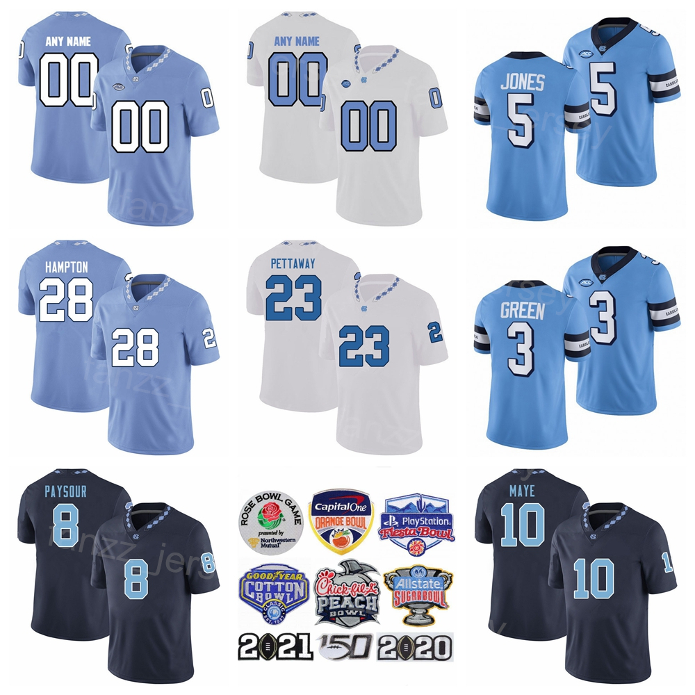

NCAA Football North Carolina Tar Heels College 23 George Pettaway Jersey 8 Paysour 5 JJ Jones 3 Antoine Green 10 Drake Maye 28 Omarion Hampton University All Stitched, Navy blue