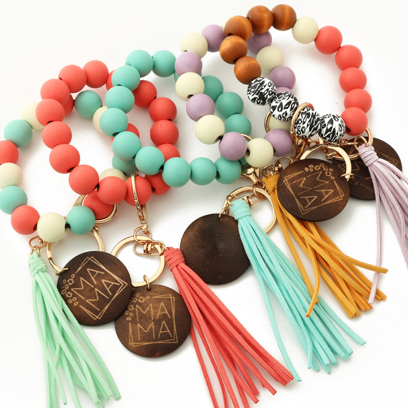 

Leopard Wood Beads Bracelet Keychain Women Leather Tassel Wristlet Key Chain for gift MAMA Letters WLL1738
