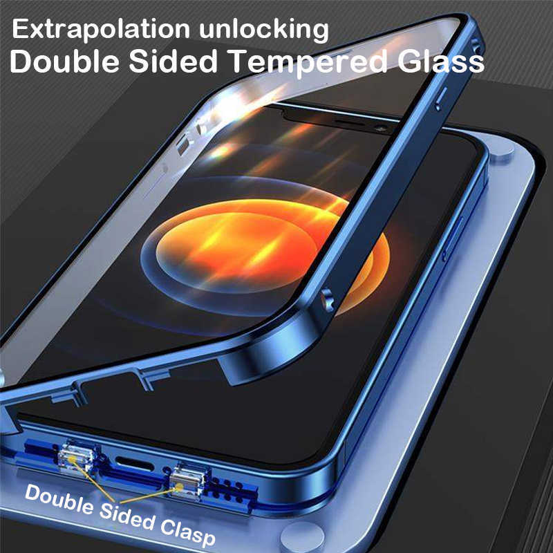 

Cell Phone Cases 360 Shockproof Full Lens Protection Magnetic Metal Snap Case For iPhone 13 12 11 Pro Max 12Mini 13Mini Double Sided Glass Cover W221014, Black
