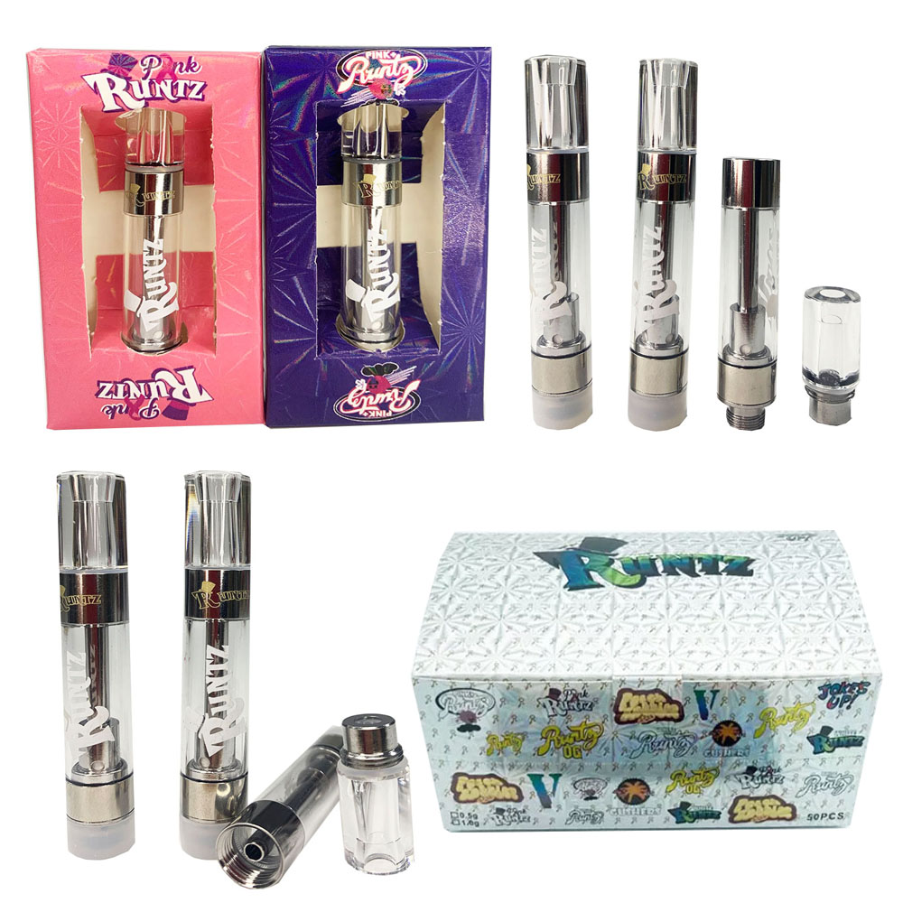 

Popular RUNTZ Glass Atomizer 1.0ml Empty Vape Cartridges Cart 510 Thread Battery Atomizers 10 Strains Available Ceramic Coil Vapes Carts with packaging