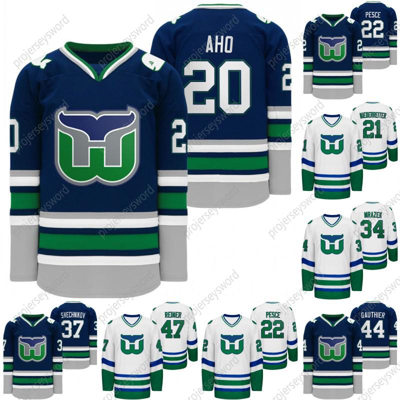 

Hartford Heritage 2020 Whalers Night Hockey Jersey Sebastian Aho Nino Niederreiter Brett Pesce Andrei Svechnikov Julien Gauthier Reimer, 48 martinook blue
