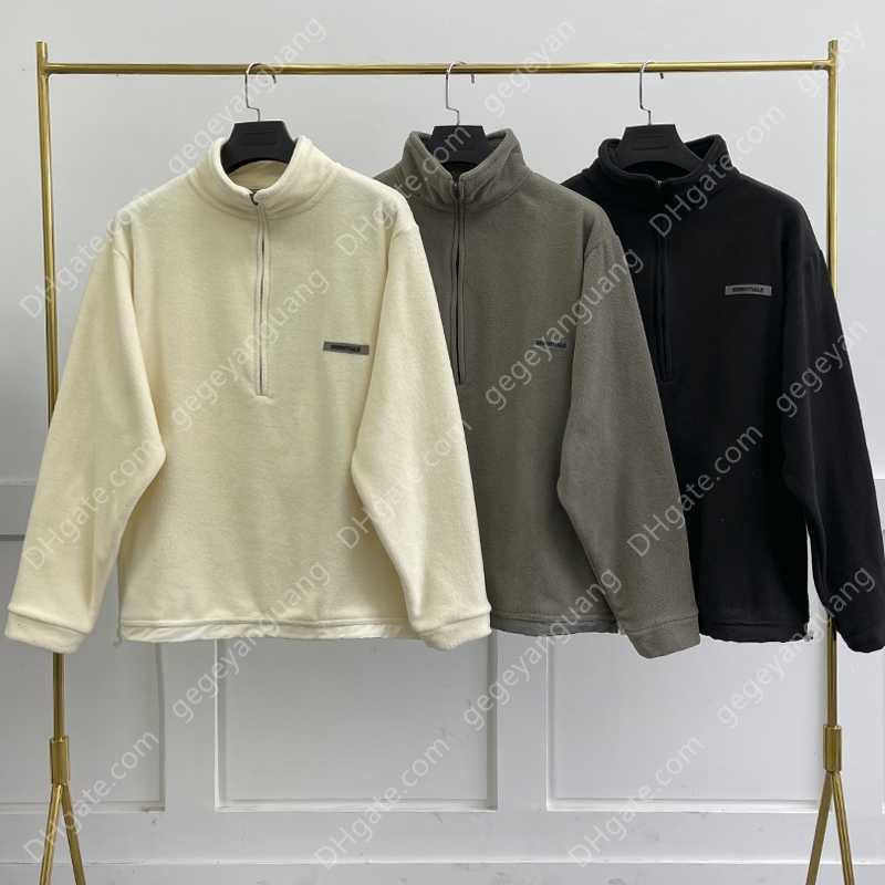 

Men's ESSENTIALS Half Hoodies Polar Loose Jacket Pullover High Quality Fleece Sweatshirt Unisex Hip Hop Zip Hoodie, Beige