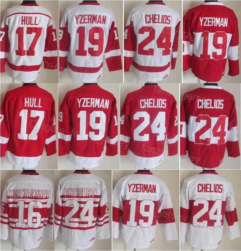 

Men Vintage Ice Hockey Retro 17 Brett Hull Jerseys 19 Steve Yzerman 16 Vladimir Konstantinov 24 Chris Chelios 91 Sergei Fedorov 75th Anniver, 19 red