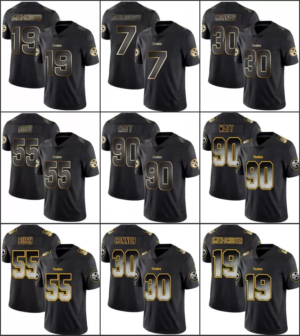

Jersey Pittsburgh''Steelers''Men #19 JuJu Smith-Schuster 90 T.J. Watt 7 Ben Roethlisberger Smoke Fashion''NFL''Women Youth Black Golden Jers