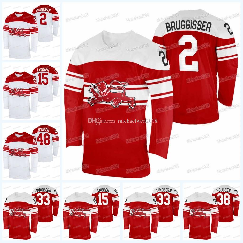 

Team Denmark 2022 Winter Hockey Jersey Peter Regin Mikkel Bodker Nicolai Meyer Patrick Russell Frans Nielsen Mathias Bau Hansen Emil Kristen, Youth